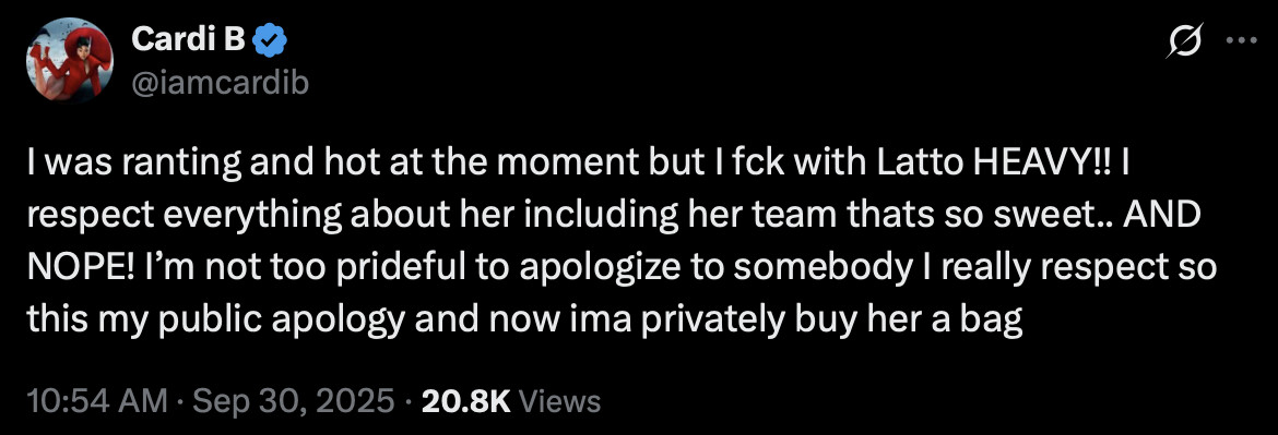 Tweet by Cardi B apologizing to Latto, expressing respect and admiration, and mentioning a gift.