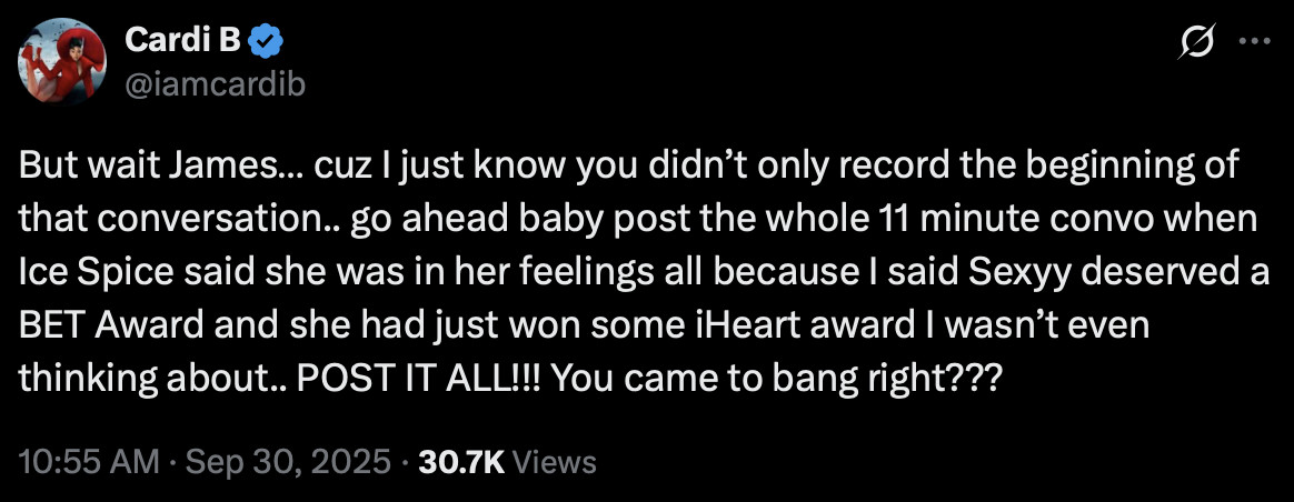 Tweet by Cardi B addressing a conversation involving Ice Spice and an award discussion, urging for full context to be shared.