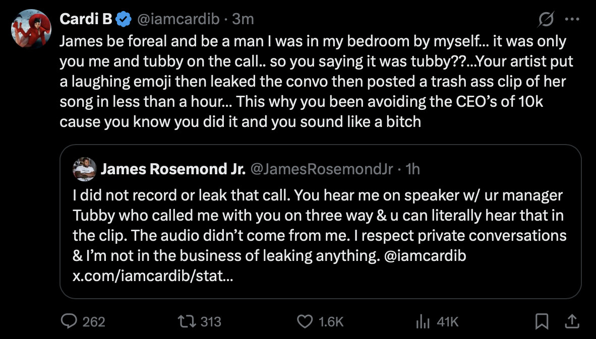 Cardi B tweets accusing James Rosemond Jr. of leaking a call, denying his involvement.