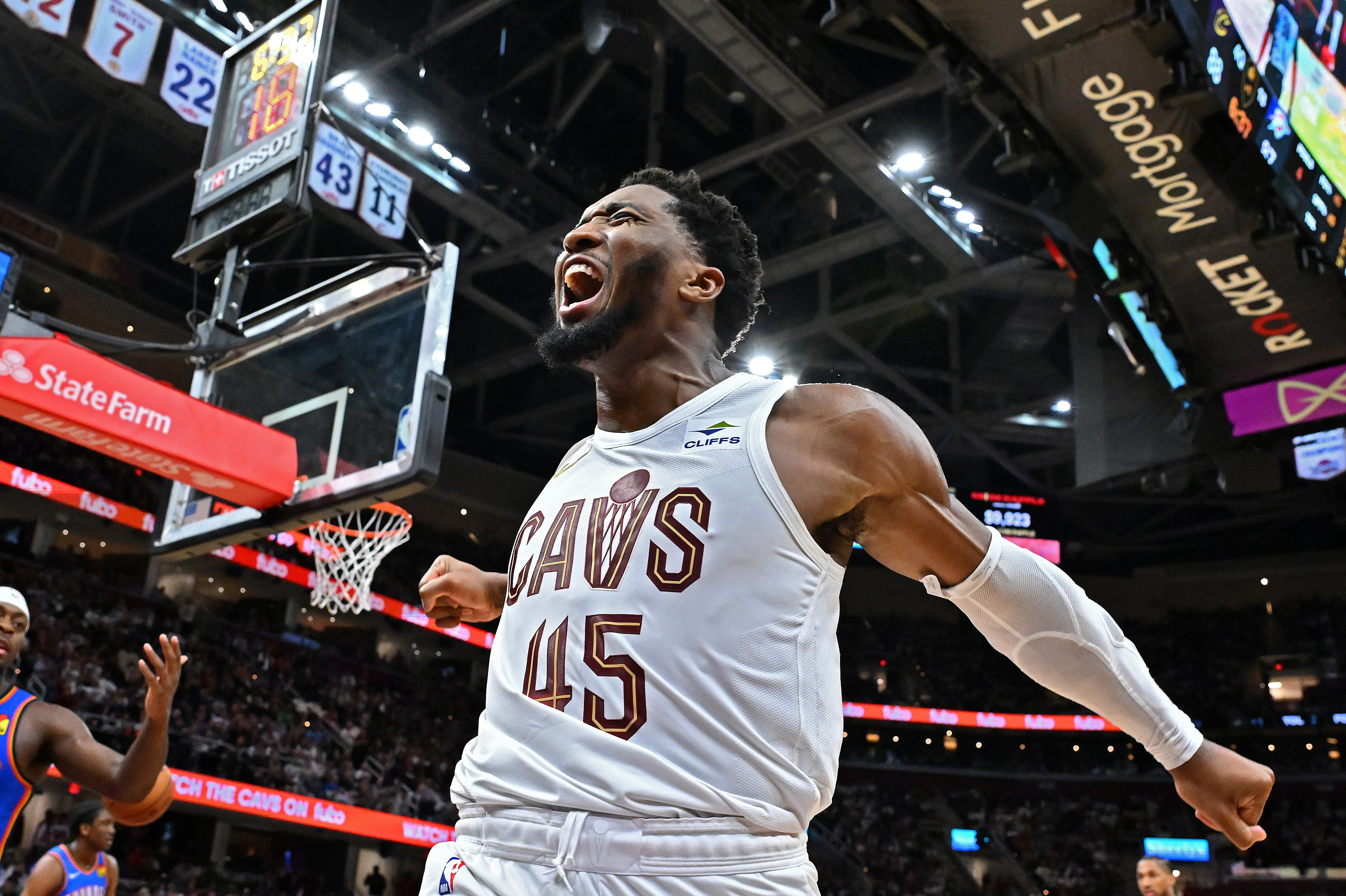 Donovan Mitchell celebrates after scoring. 