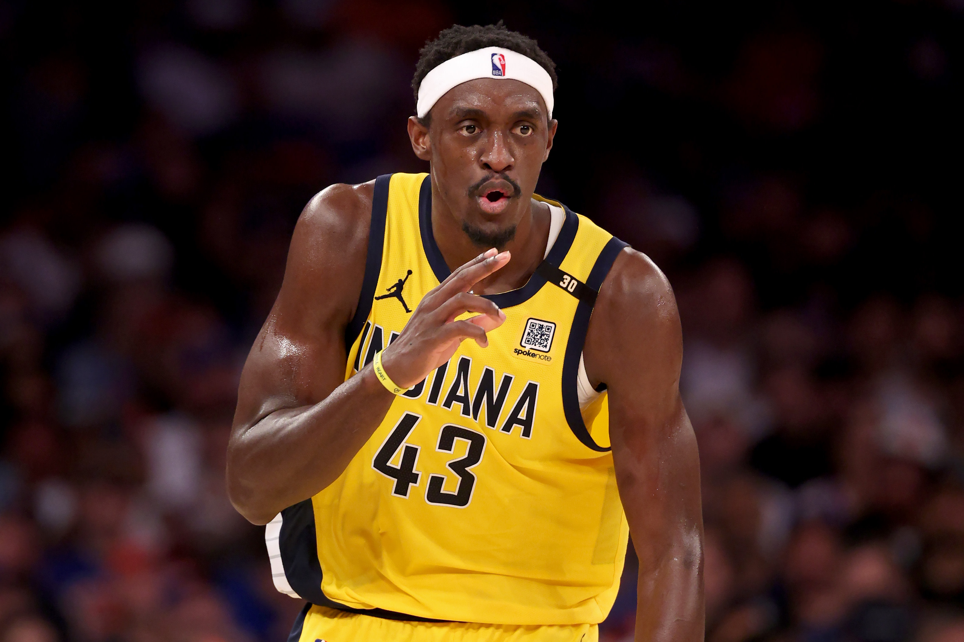Pascal Siakam celebrates after hitting a shot. 