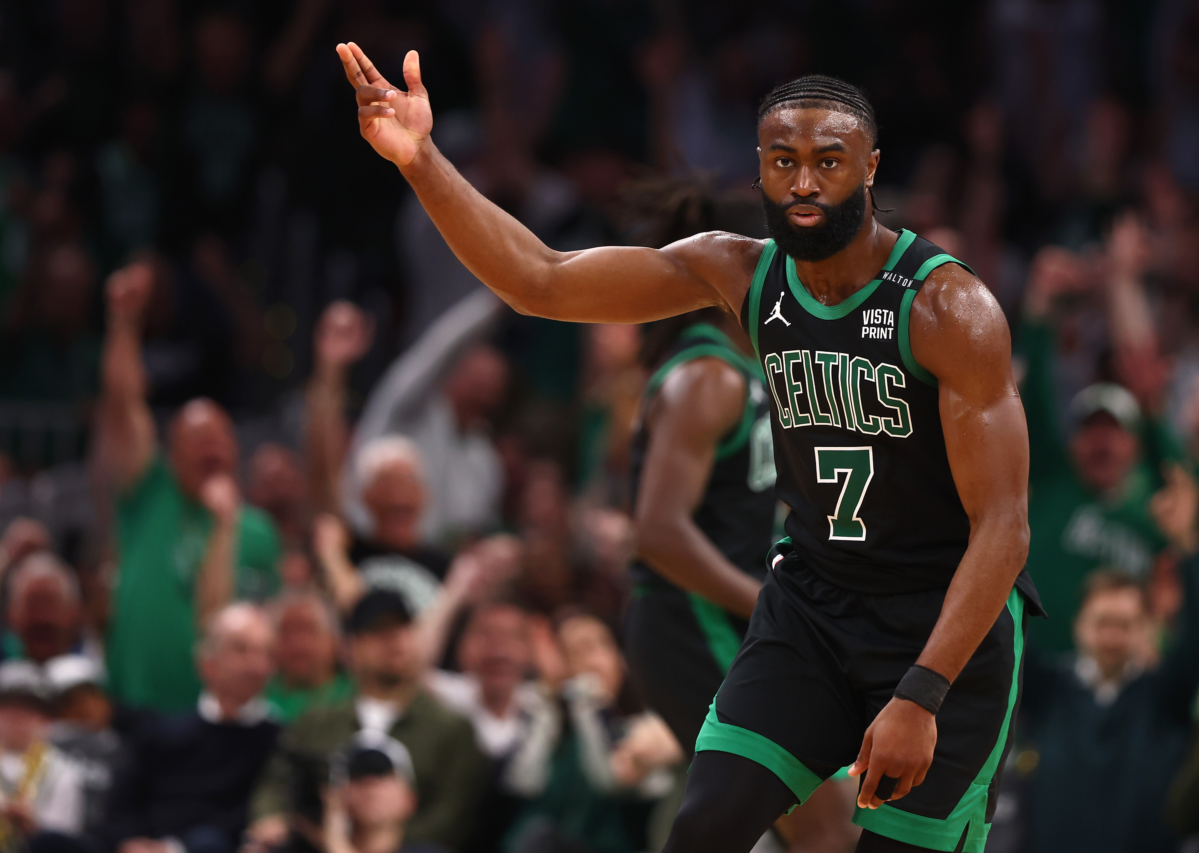 Jaylen Brown celebrates during the NBA Finals. 