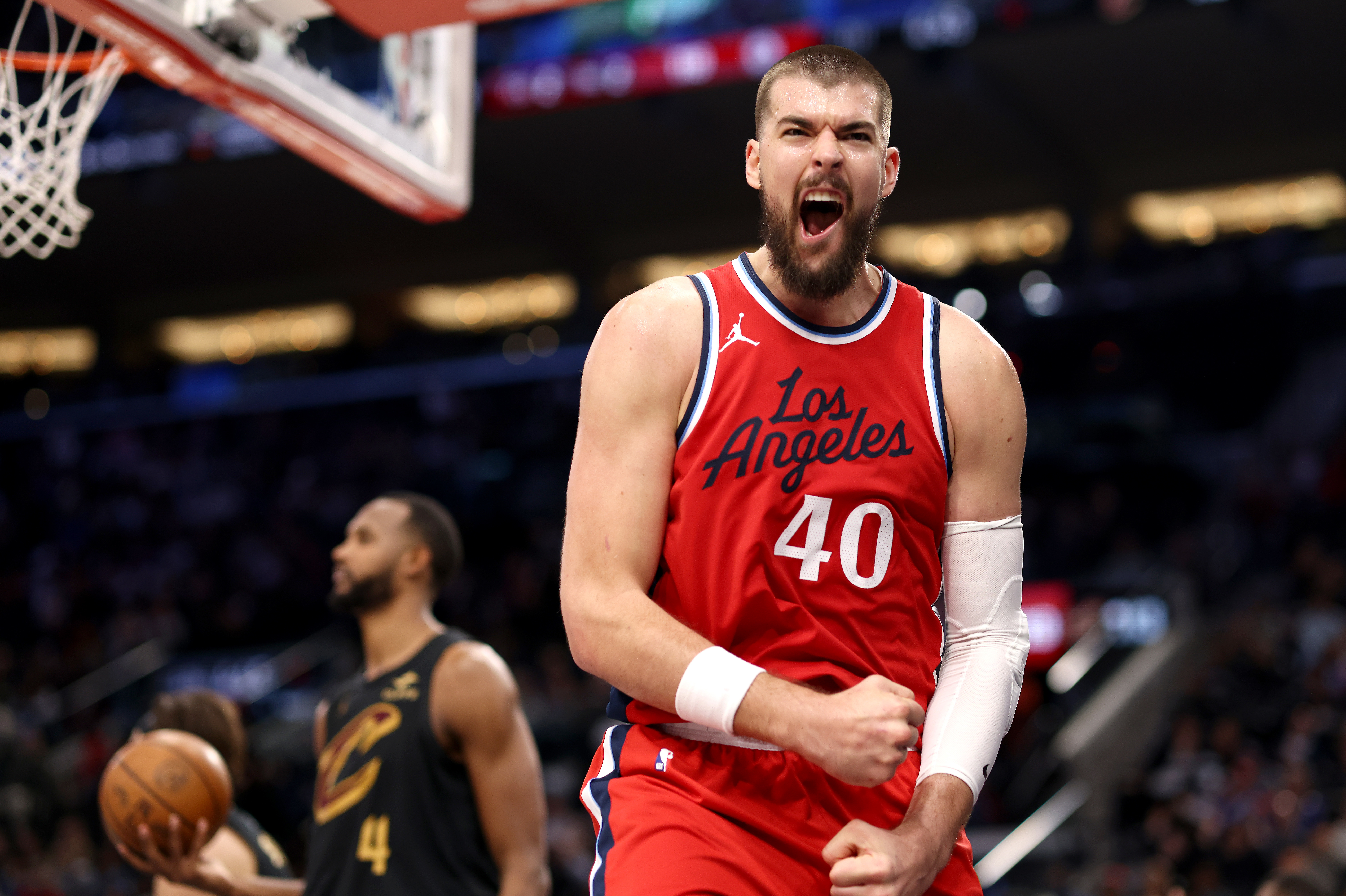Ivica Zubac celebrates during a game. 