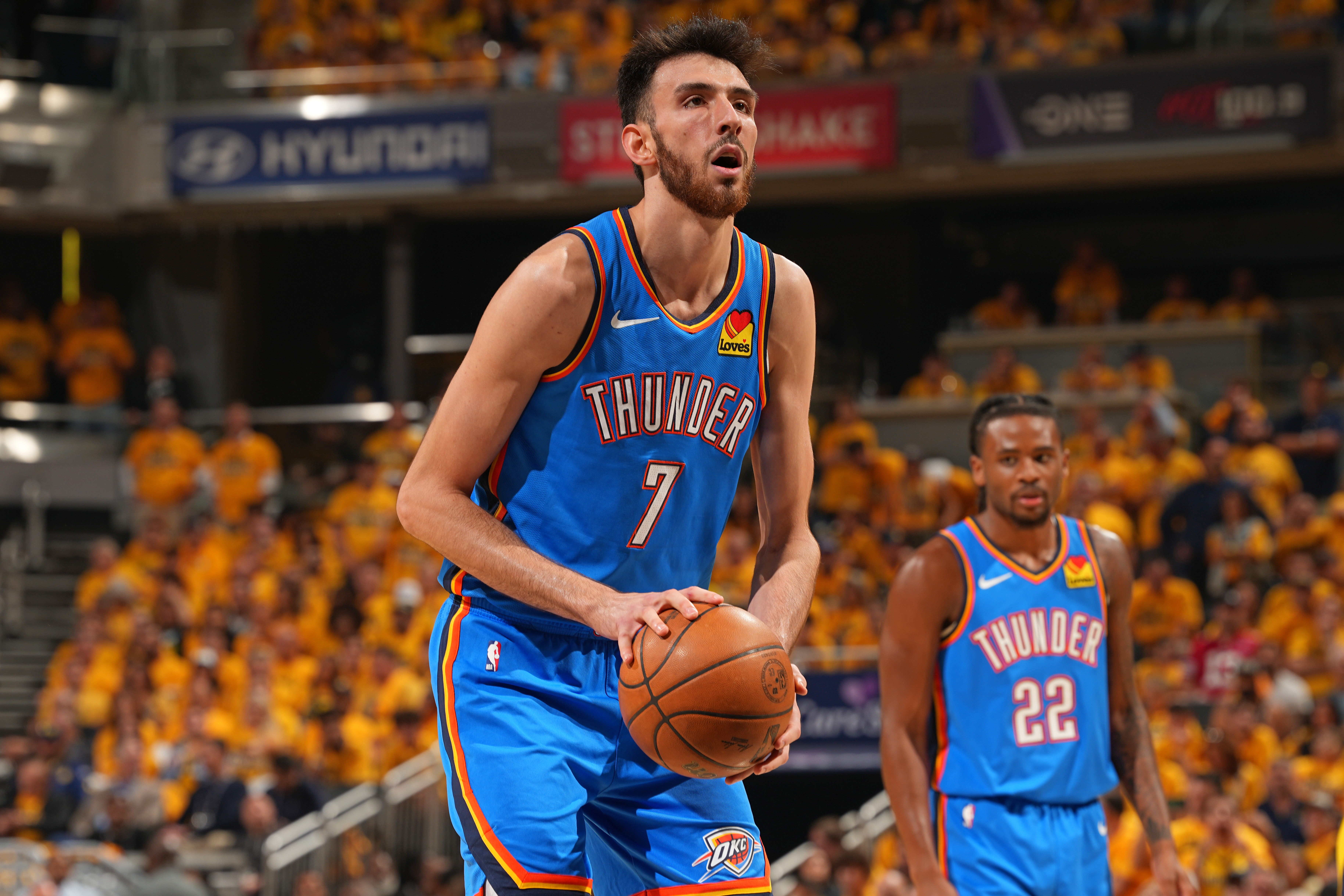 Chet Holmgren shoots a free throw during the NBA Finals. 