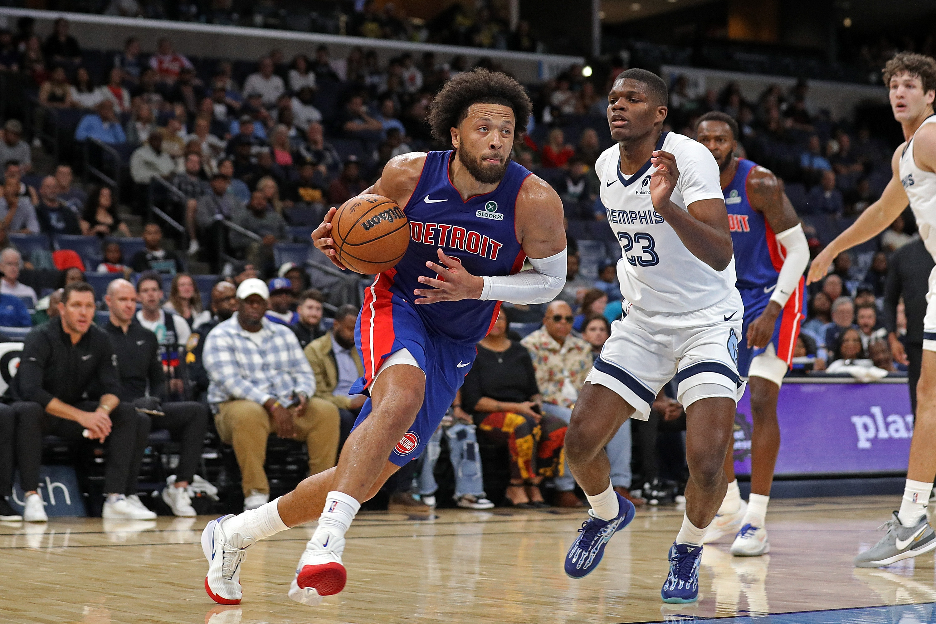 Cade Cunningham drives the baseline. 