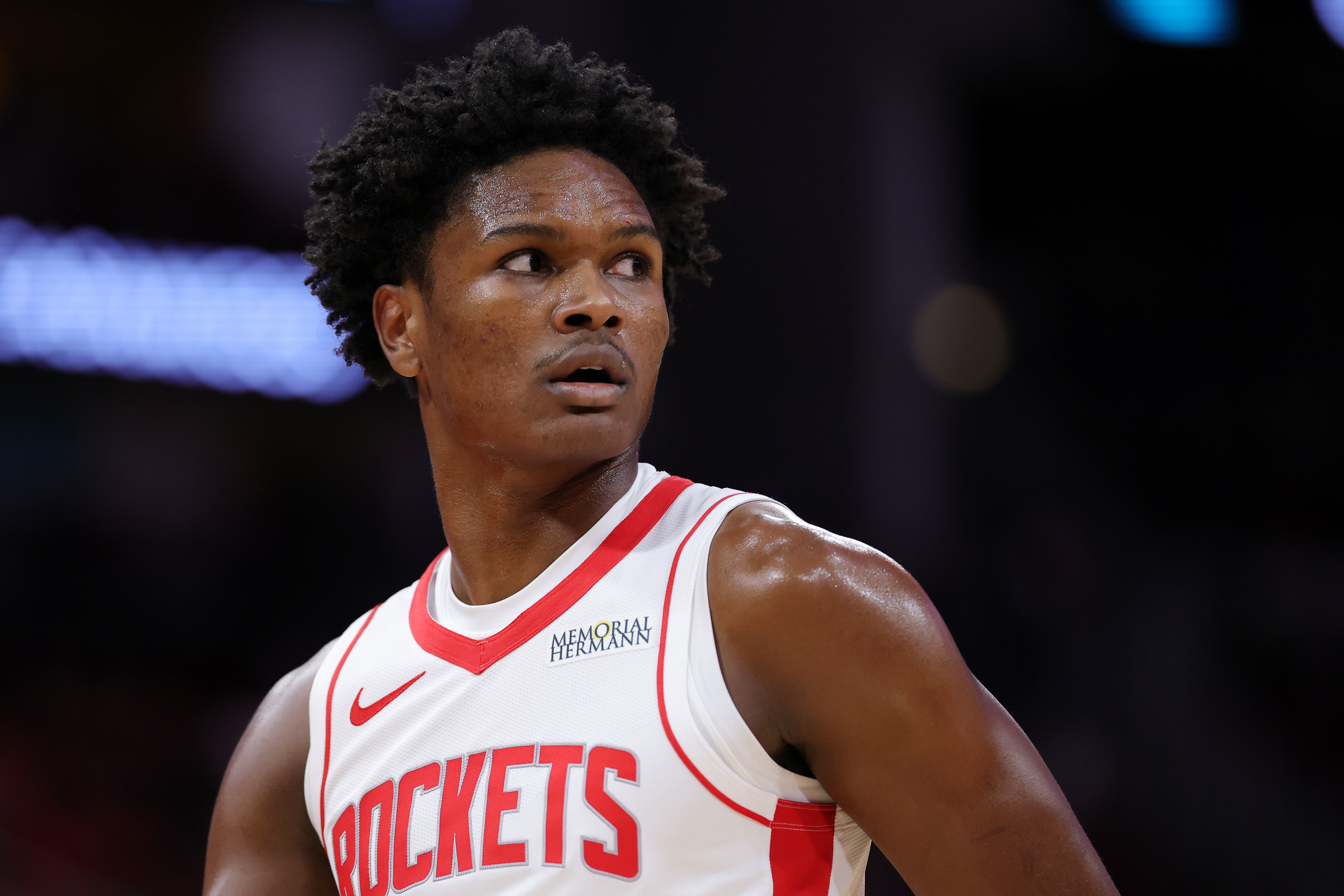 Amen Thompson looks on during a preseason game. 