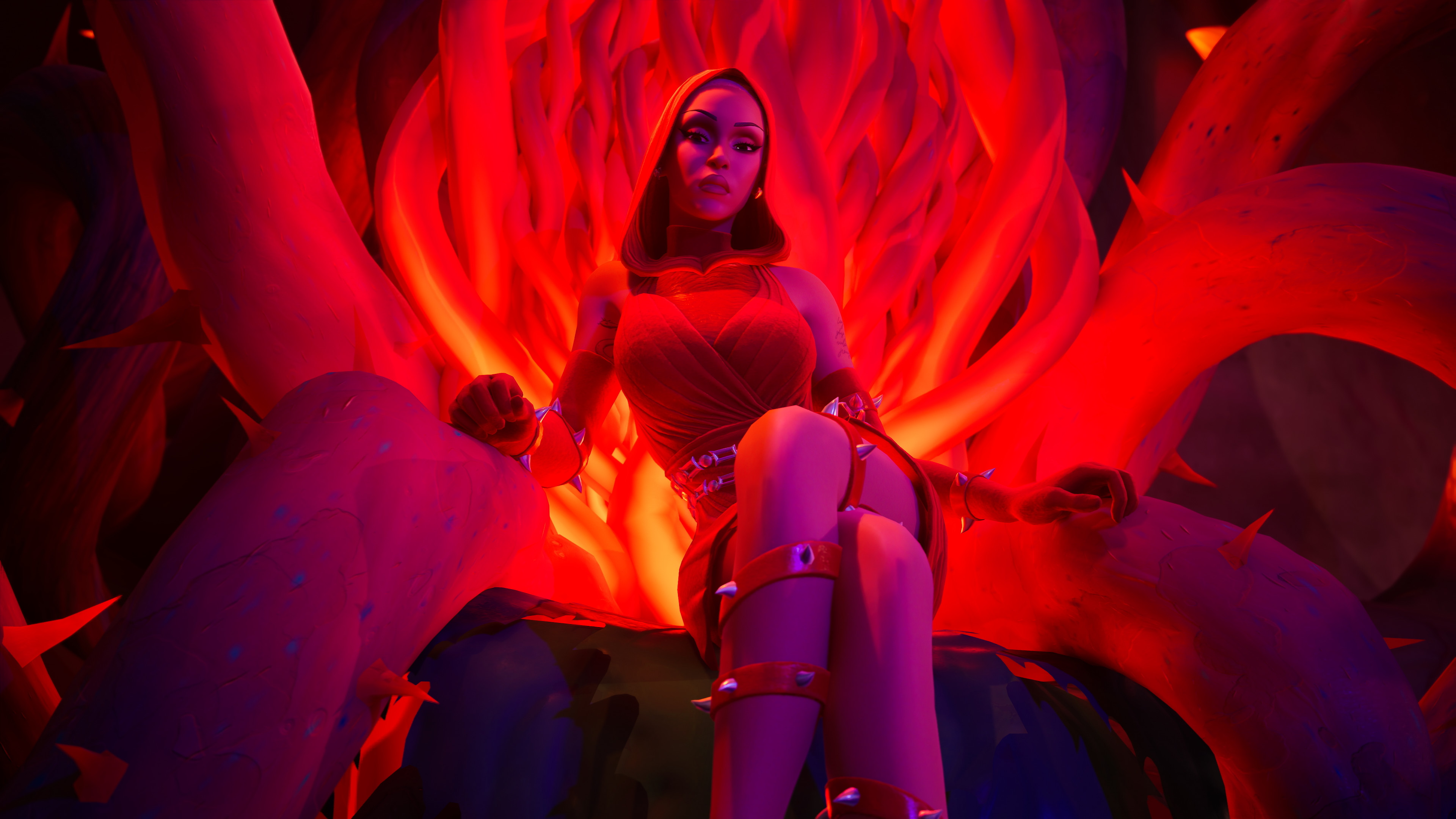 A stylized animated character in a red outfit and hood sits confidently on a throne, surrounded by fiery red and orange elements.