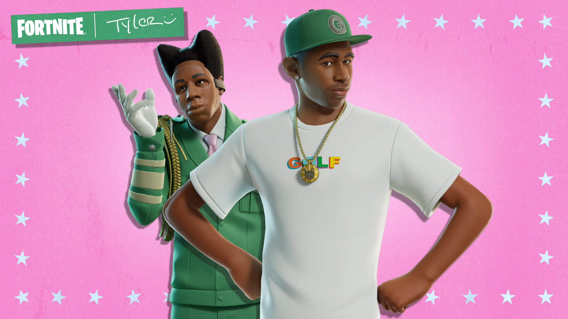 Animated characters inspired by Tyler, the Creator in Fortnite style; one in a green suit, the other in a white