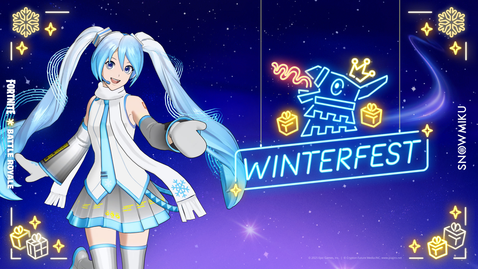 A blue-haired anime character, Snow Miku, in a winter-themed outfit with a