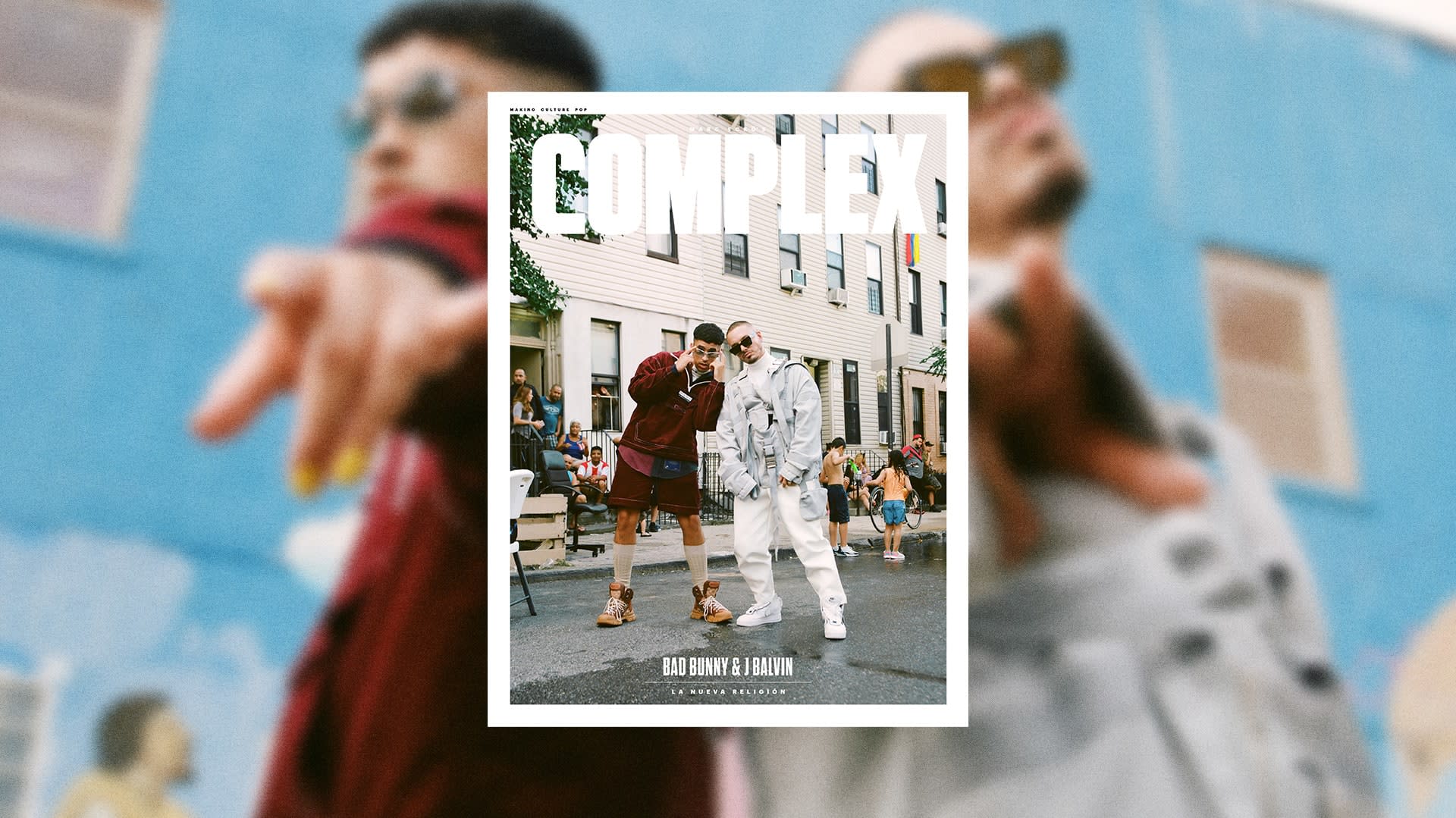 Cover of Complex magazine featuring Bad Bunny and J Balvin standing on a street, dressed in stylish outfits.