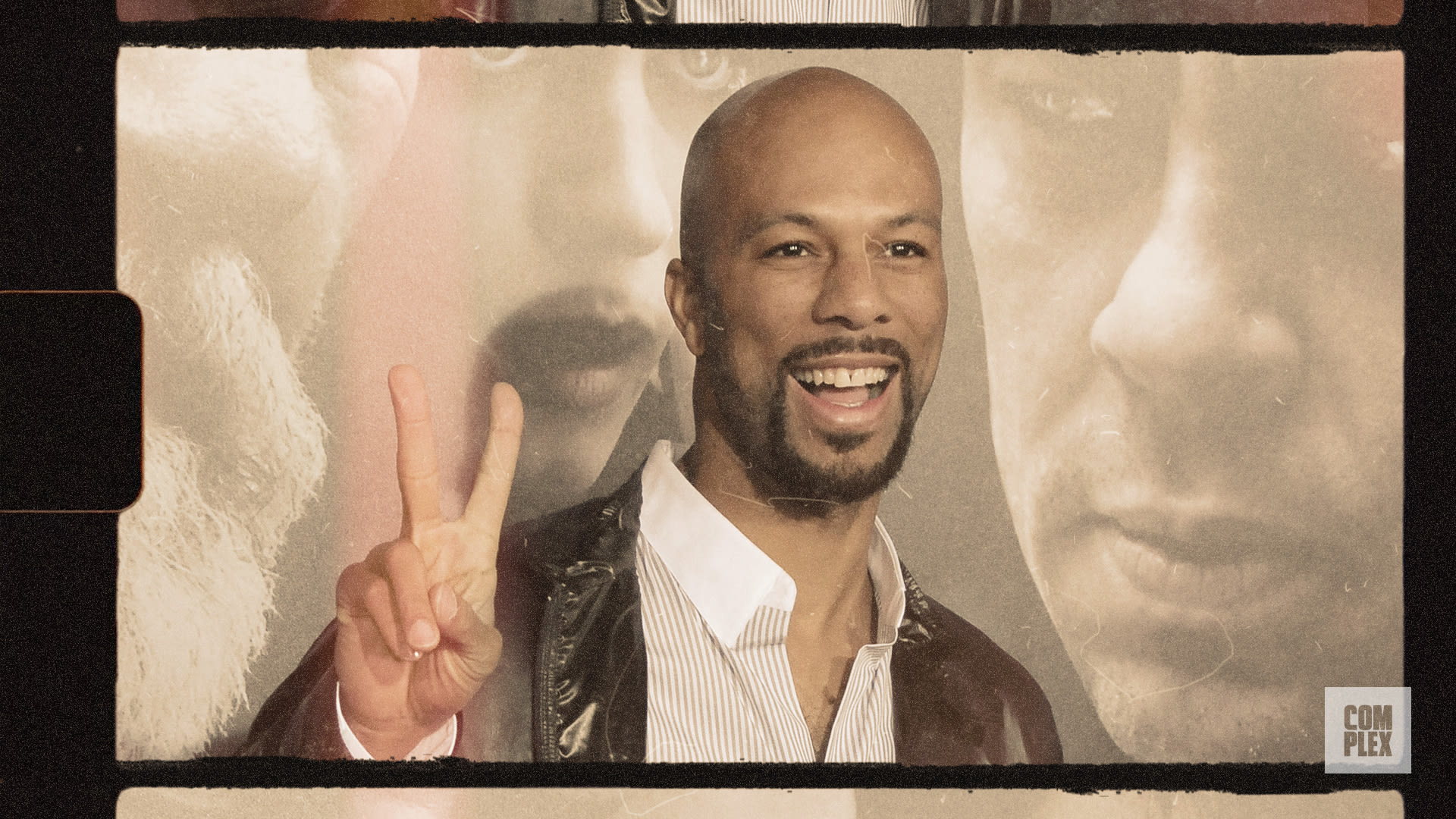 A smiling man making a peace sign, with a collage of faces in the background.
