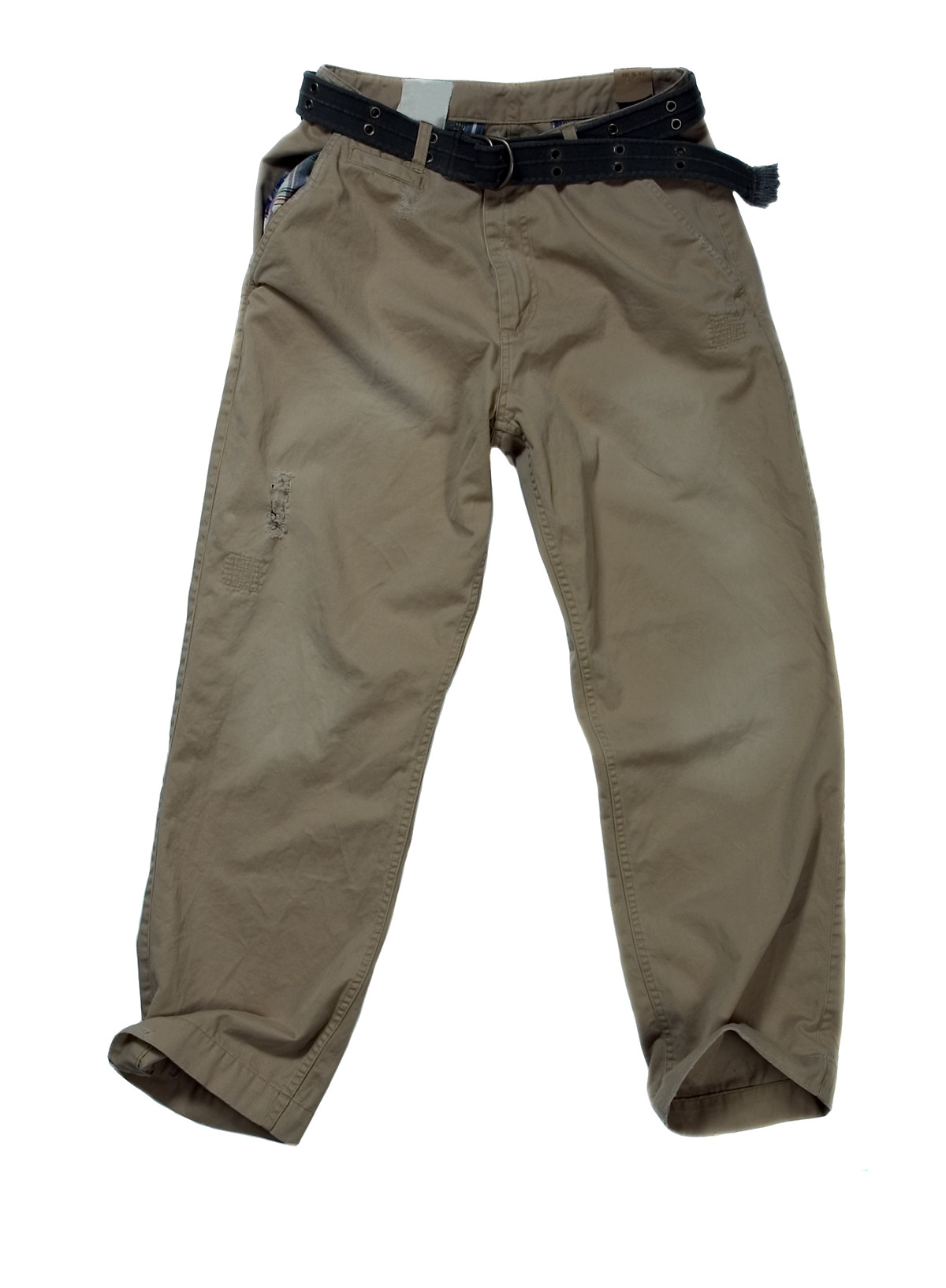 Beige cargo pants with a black belt, laid flat on a white background.