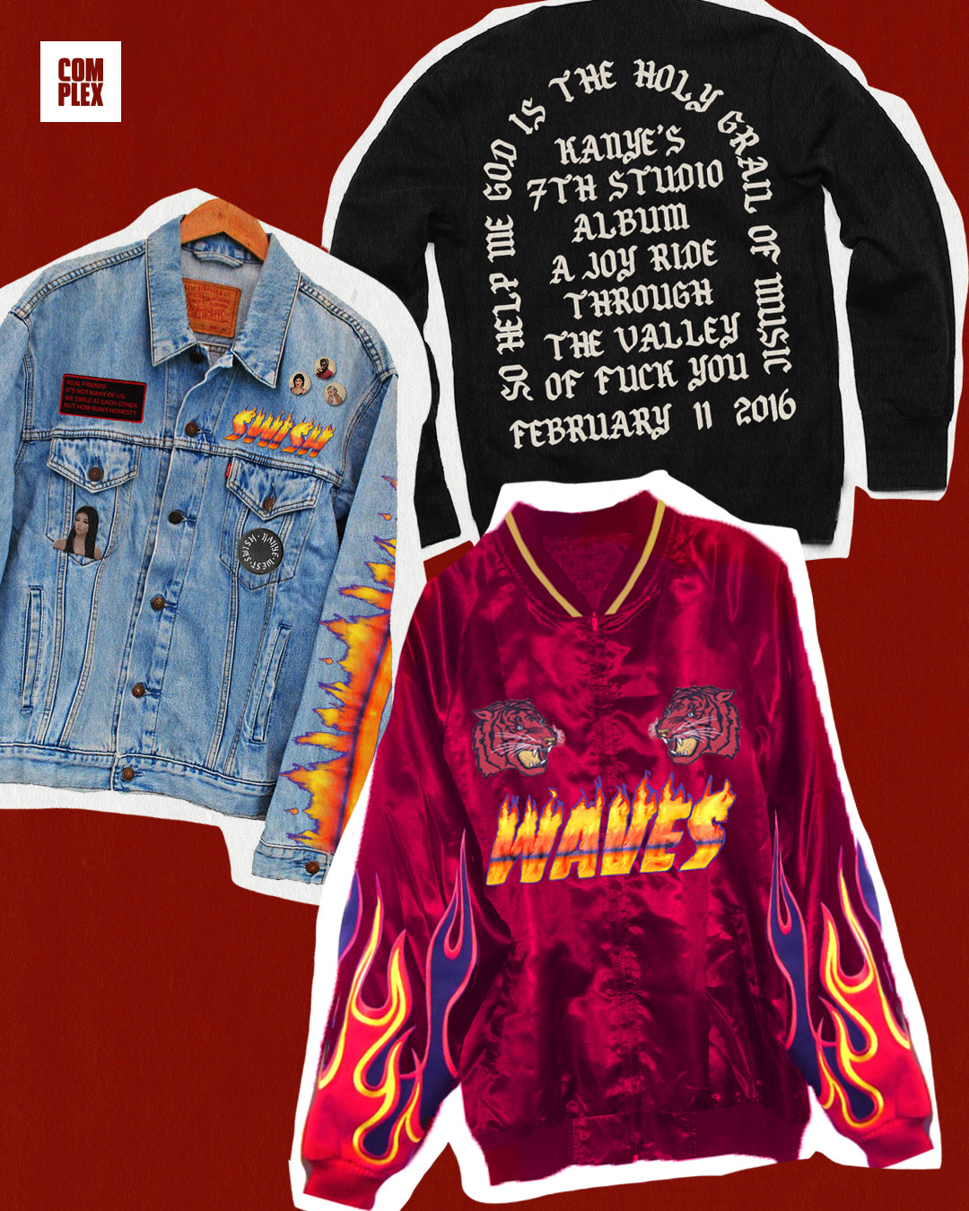 Mockups for Kanye West merch before the album title was finalised as The Life of Pablo, including jackets to represent previous title like Swish and Waves
