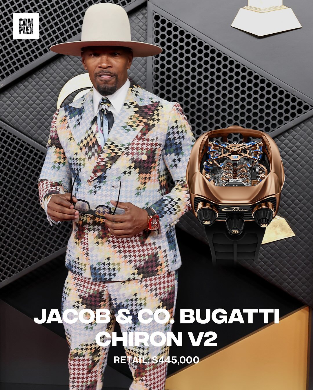 Jamie Foxx wore a Jacob & Co. Bugatti Chiron V2 to the 2026 Grammys.