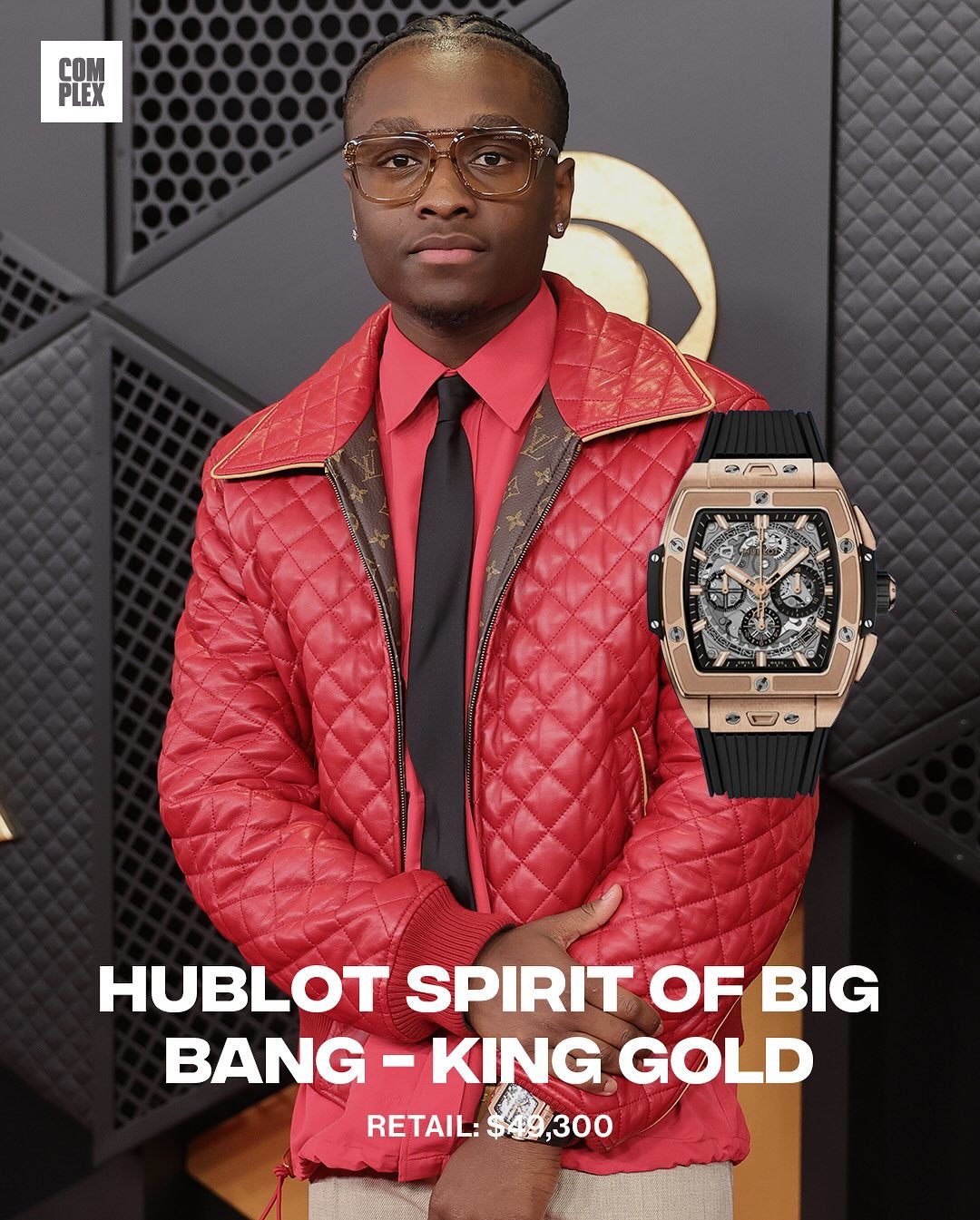 Sinners actor Miles Caton wore a Hublot Spirit of Big Bang in King Gold to the 2206 Grammys.
