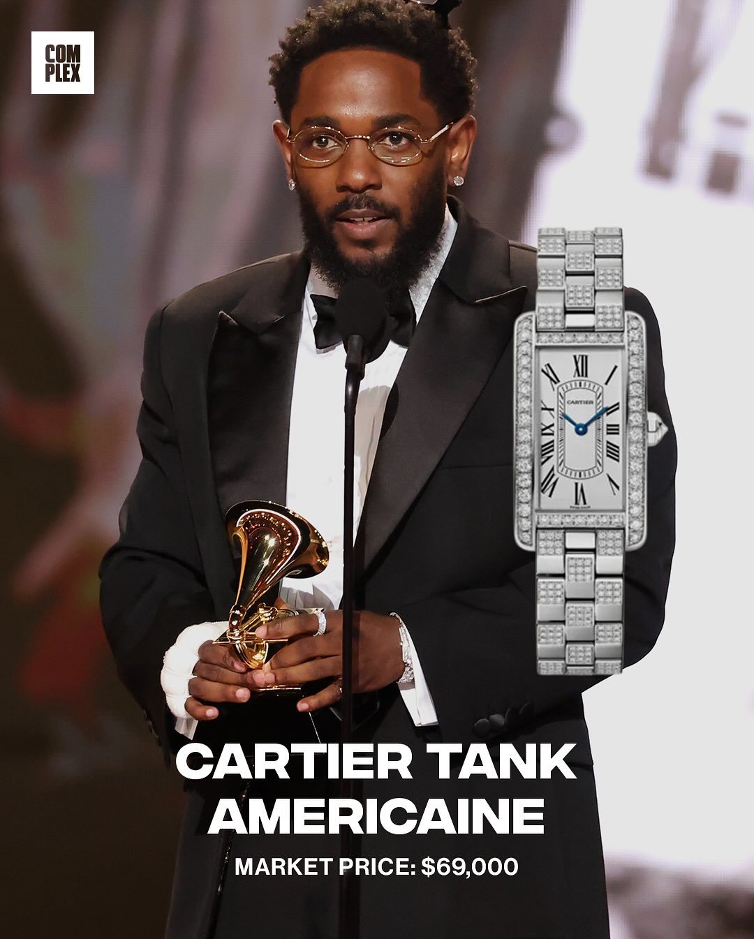Kendrick Lamar made history in a Cartier Tank Américaine in 18K white gold at the 2026 Grammys.