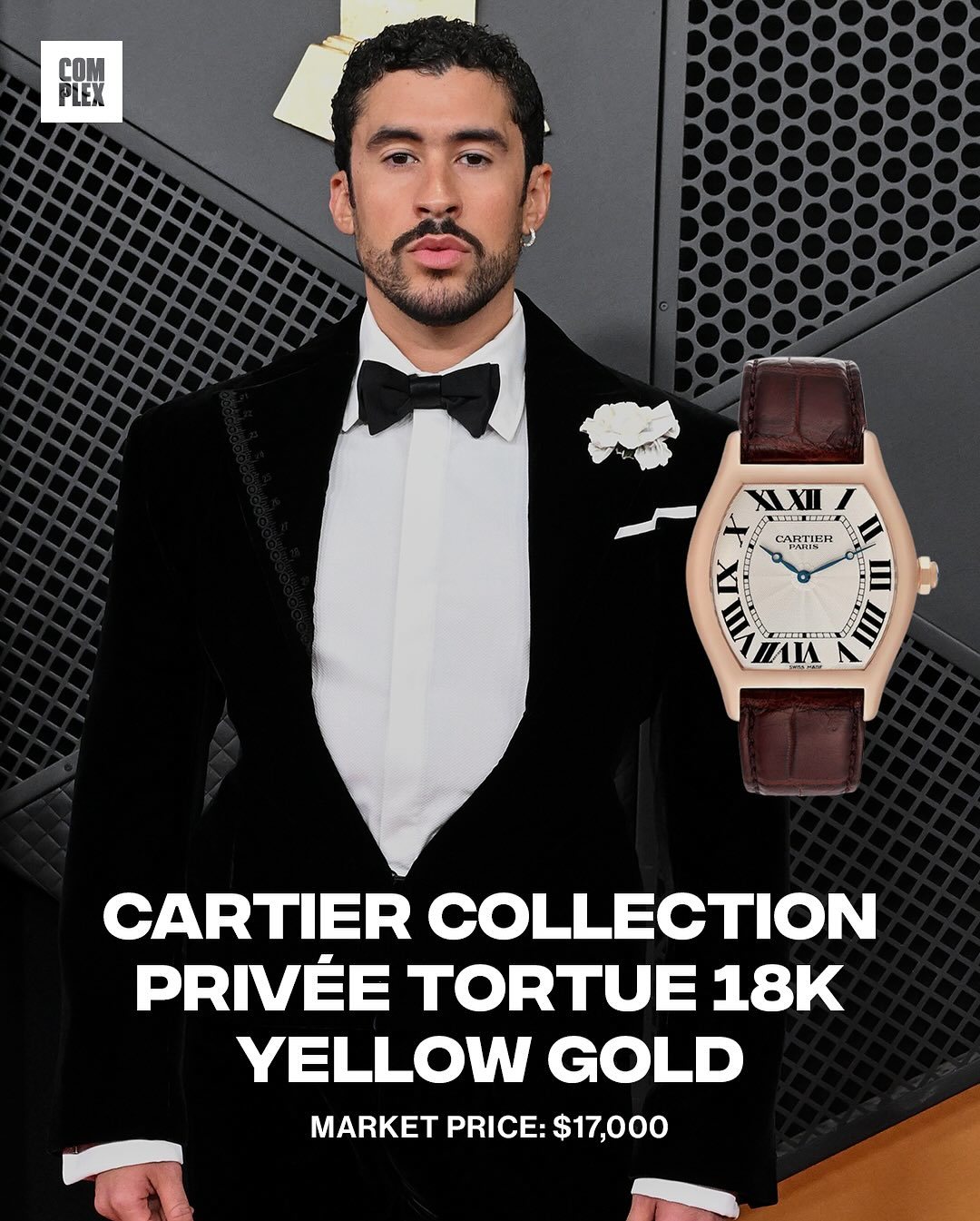 Bad Bunny wore a Cartier Collection Privee Tortue 18k yellow gold watch to the 2026 Grammys.
