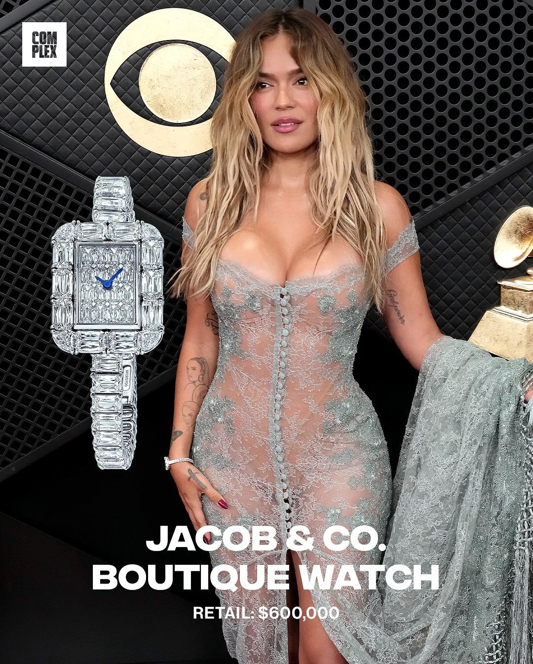 Karol G wore a Jacob and Co. Boutique Watch to the 2026 Grammys.