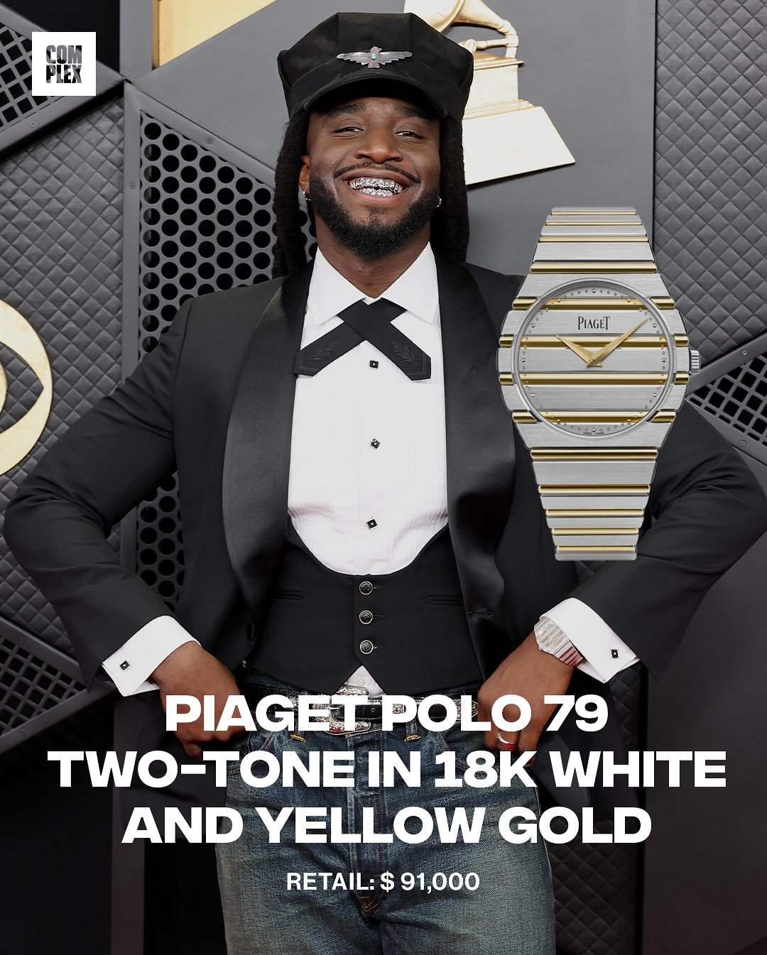 Shaboozey rocked the brand new Piaget Polo 79 in a two-tone white and yellow gold combo to the 2026 Grammys.