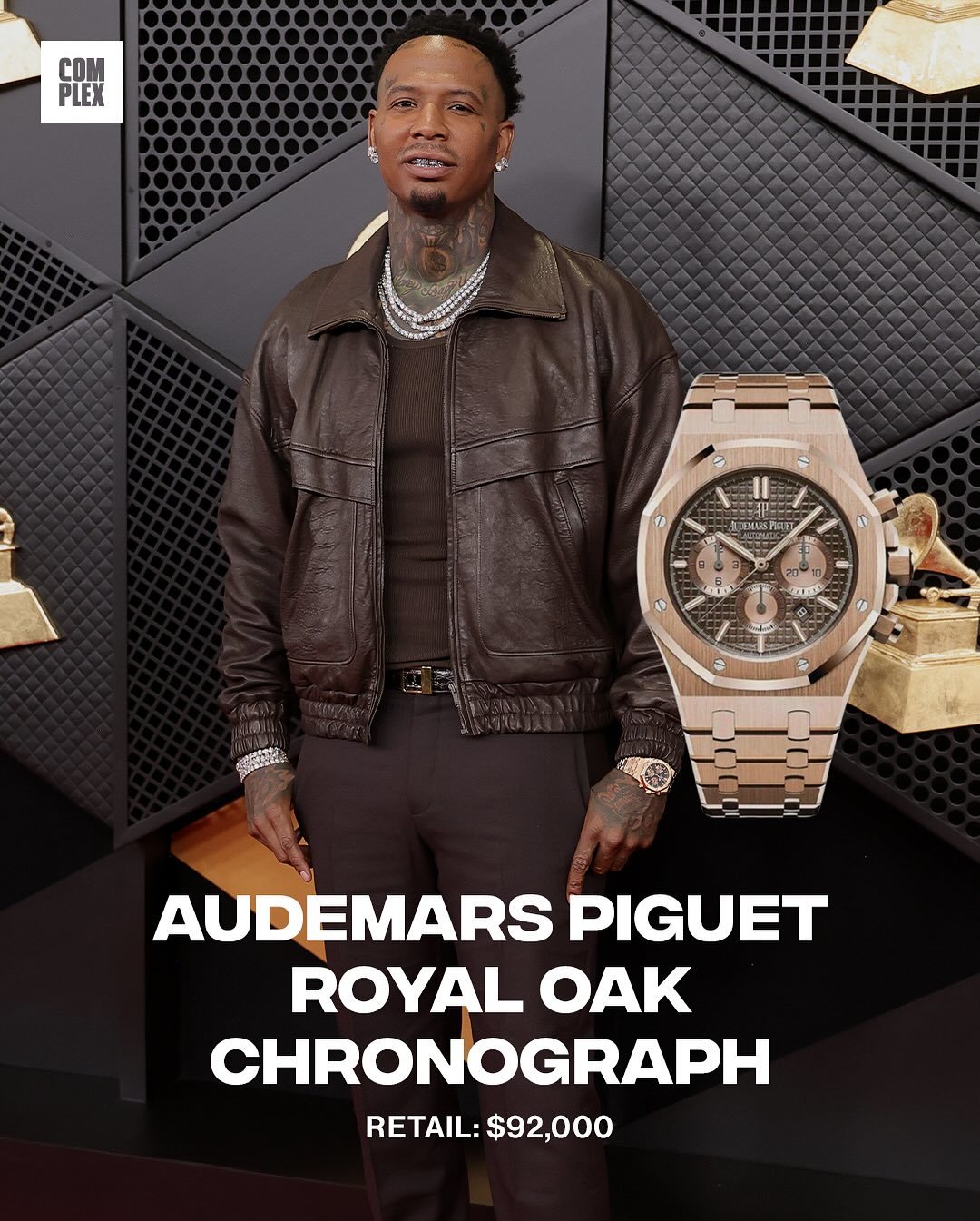 Moneybagg Yo kept it classic with an AP Royal Oak on his wrist for the 2026 Grammys.