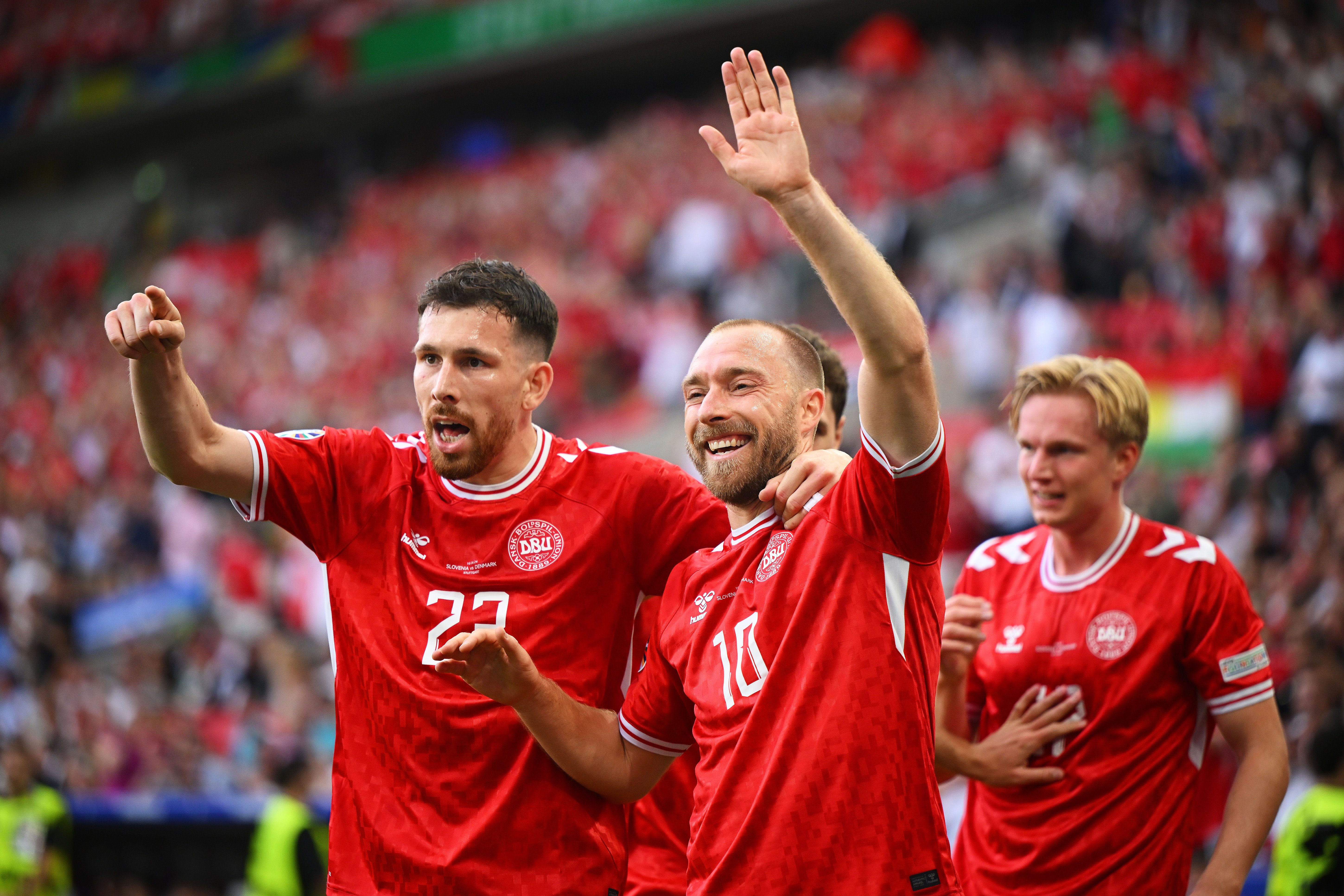 Christian Eriksen celebrates after Denmark scored a goal during their UEFA Euro Cup 24 match against Slovenia. 