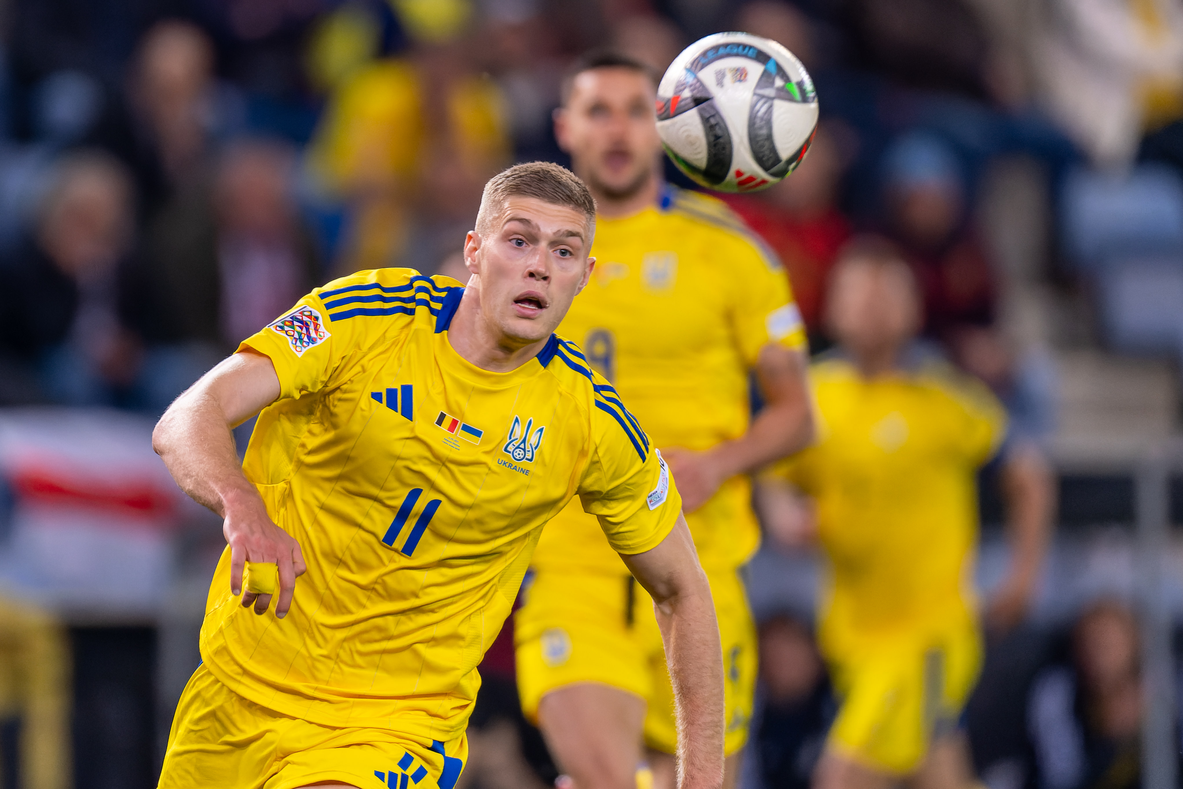 Artem Dovbyk chases the ball during the Ukraine-Romania UEFA Nations League match in 2025. 