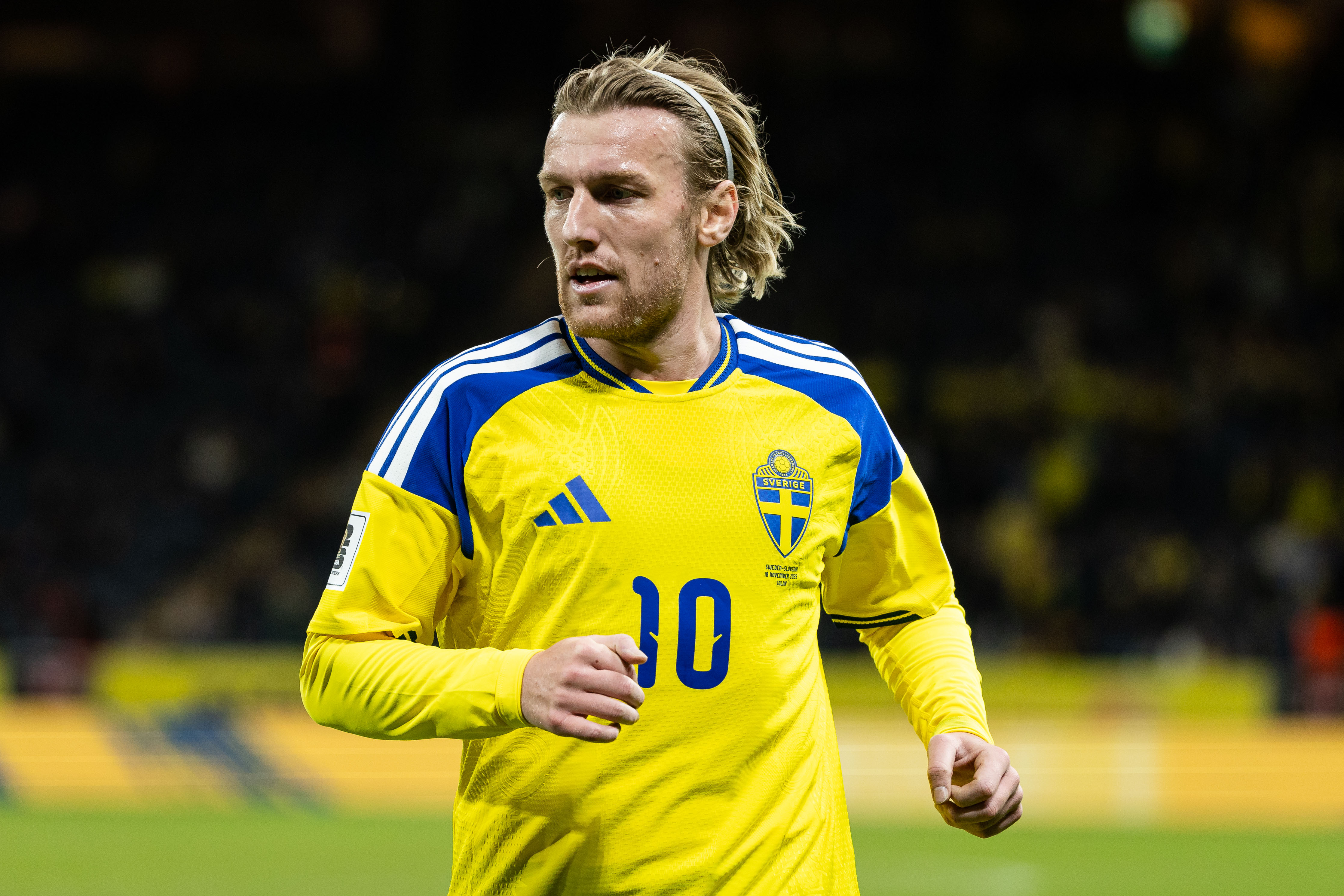 Emil Forsberg jogs during Sweden's FIFA World Cup qualifying match against Slovenia in 2025. 