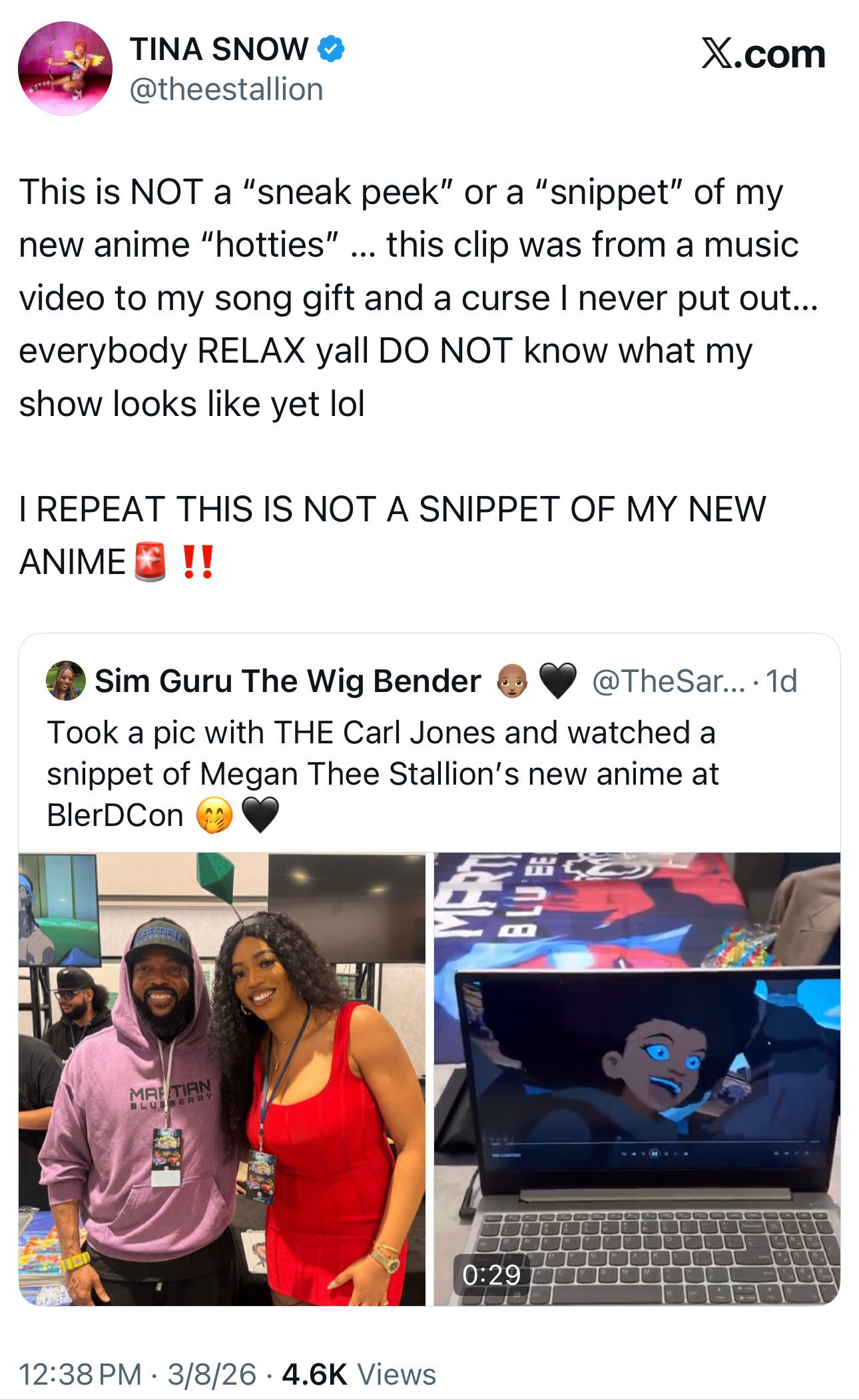 Tweet by Megan Thee Stallion clarifying a clip isn't from her new anime. Includes a photo of Carl Jones and a person at BlerDCon.