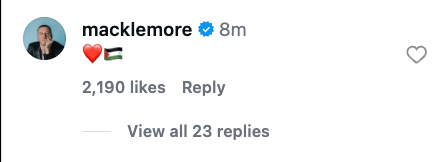 Comment from Macklemore with heart and flag emoji, 2,190 likes, 23 replies.